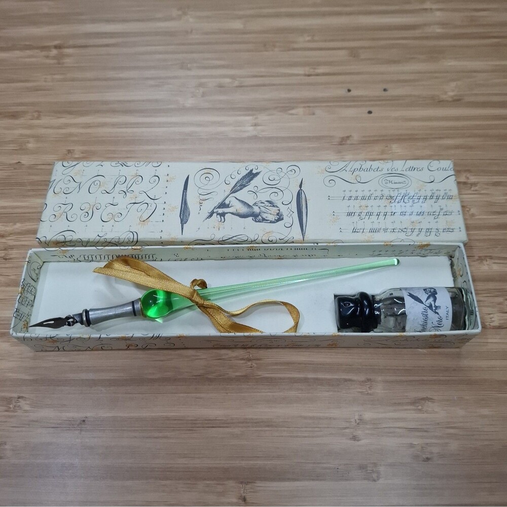 Vintage Francesco Rubinato Glass Dip Pen Set Italy 7.5" Green Inchiostro Nero